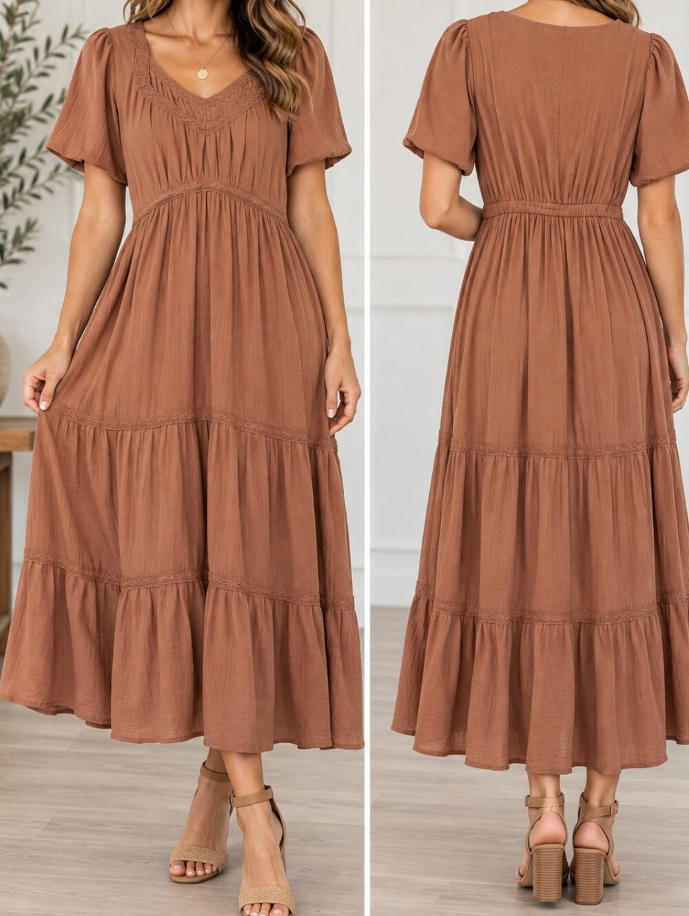 Polagram: Tiered Ruffle Maxi Dress with Lace Trim-Orange-Size Small